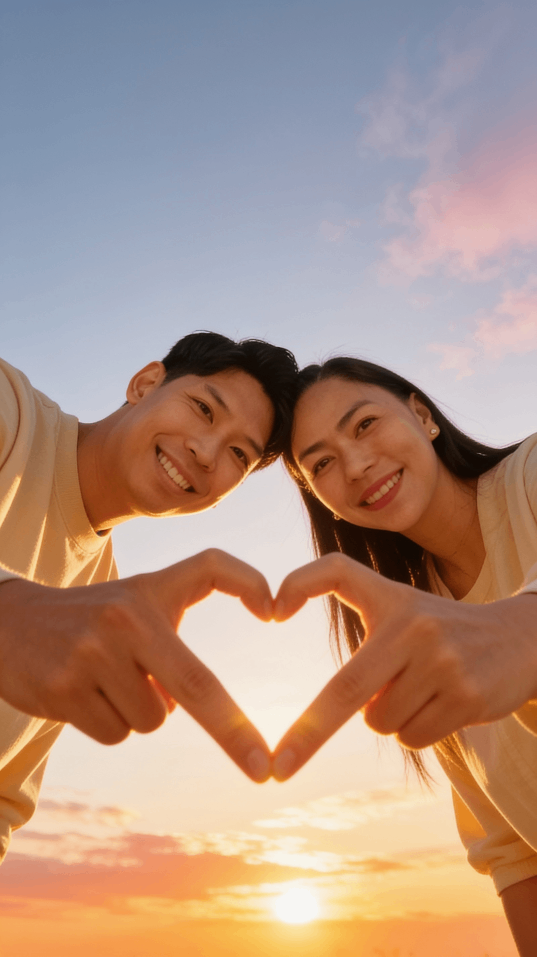 Keyvin and Sarah forming a heart at sunset